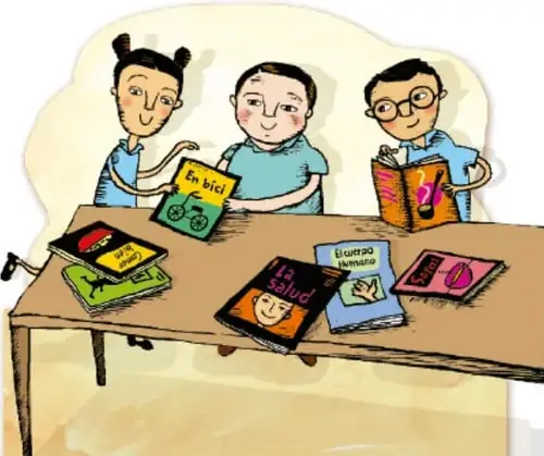 Ilustración de tres estudiantes (dos niñas y un niño) sentados a una mesa revisando libros y cuadernos con temas de alimentación y salud.