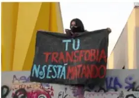 Foto de una manifestante con un cartel que dice 'Tu transfobia nos está matando' frente a un muro pintado.