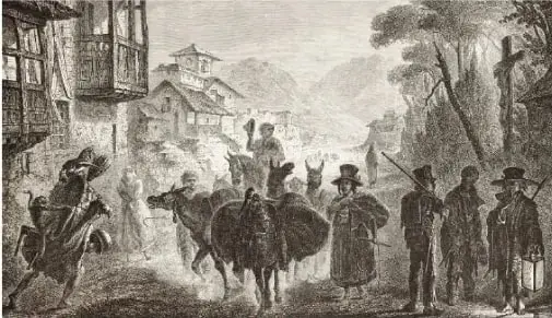 Grabado histórico de habitantes en Quito, atribuido a Fuchs y Charton, de 1867. La imagen representa personas y animales en un entorno urbano y rural.
