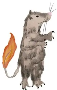 Ilustración de un roedor (ratón/ardilla) de pie con una llama en la cola, obra de Mónica Mendoza Cruz, Ciudad de México.