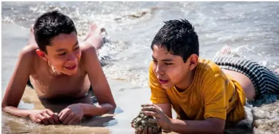 Dos niños en la playa observando algo en la arena, ilustrando la convivencia y la exploración en la diversidad.