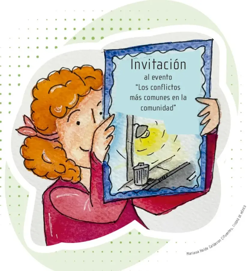 Ilustración de una estudiante de cabello rizado mostrando una invitación al evento 'Los conflictos más comunes en la comunidad', con una imagen de un bote de basura y una luminaria.