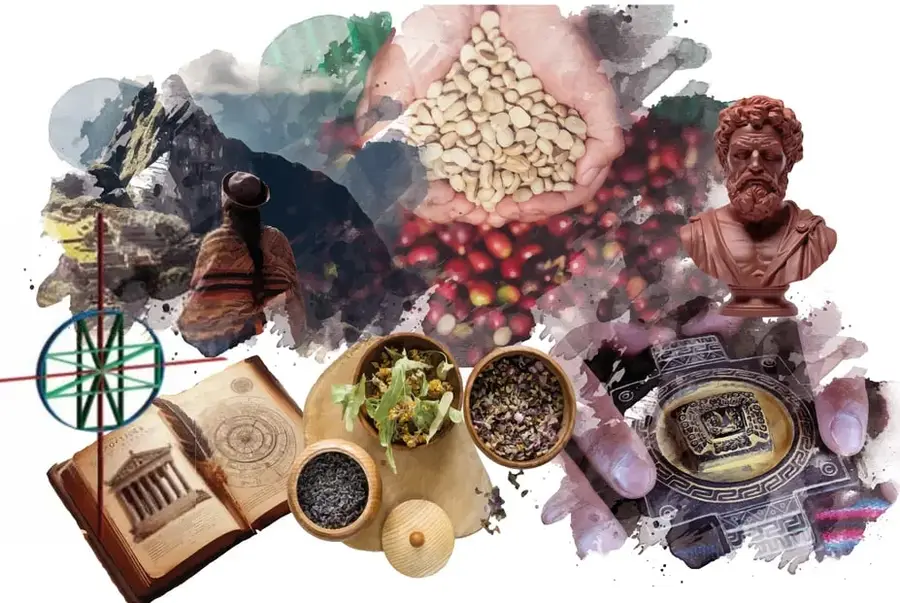Collage fotográfico que combina: un busto de filósofo griego antiguo (representando la filosofía occidental), paisajes andinos con montañas nevadas, manos sosteniendo granos y frutos (alusión a la tierra y la naturaleza andina), un libro abierto con ilustraciones de un templo clásico y mapas, tazones con hierbas medicinales, y lo que parece ser un artefacto o calendario precolombino. La composición visual representa el encuentro/contraste entre las dos tradiciones filosóficas.