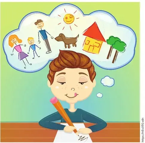 Niño con lápiz dibujando; sobre su cabeza una burbuja con sol, casa, árbol y familia.
