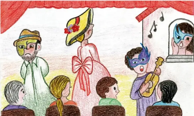 Escena teatral ante público: personajes con antifaces y sombreros, una mujer con vestido rosa y sombrero amarillo, un músico con guitarra y una niña asomada a una ventana con antifaz azul; telón rojo; crédito: Elizabeth Solis Balderras, TLAXCALA.