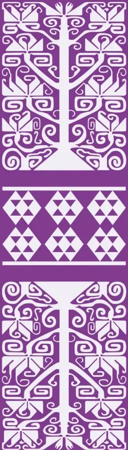Ilustración decorativa con patrones geométricos y motivos prehispánicos en color morado y blanco, con formas de cruces, rombos y grecas.