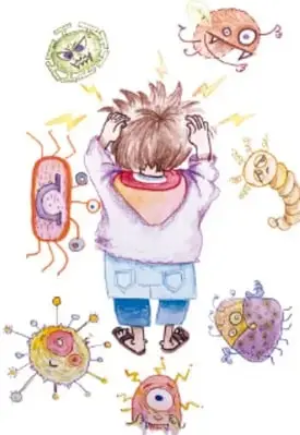 Niño apretándose la cabeza con dolor, rodeado de rayos amarillos que representan el malestar; lleva sudadera y sandalias. Ilustración de Claudia Luda (nombre parcial), Puebla, México.