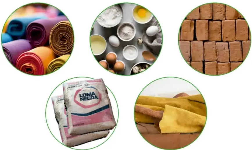 Tres círculos: rollos de telas de colores (morado, naranja, azul), ingredientes de cocina (harina, huevo, aceite, huevos en una charola) y ladrillos de barro/adobe apilados.