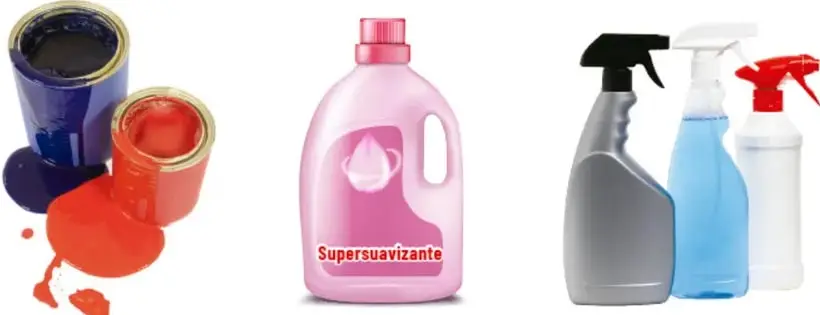 Tres grupos de productos: latas de pintura azul y roja con pintura derramada, un envase rosa de detergente con la etiqueta 'Supersuavizante' y tres botellas rociadoras (gris, azul y blanca con rojo) de limpiadores.