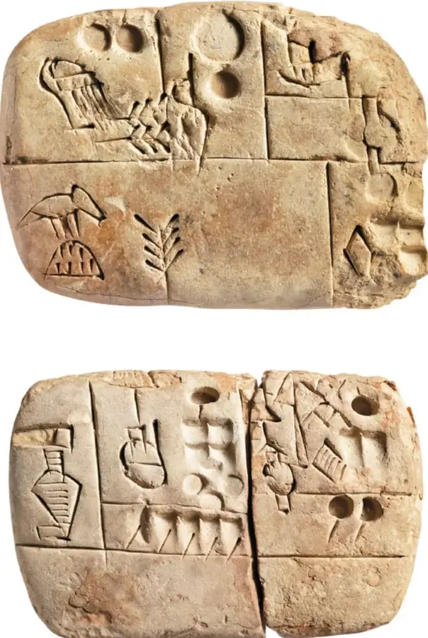 Tableta de barro color arena con signos tallados: figuras de aves, una planta, círculos, cuadrículas, rombos y marcas en casillas; escritura pictográfica antigua.