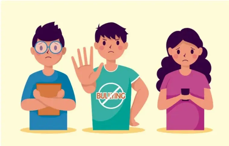 Ilustración de tres estudiantes: uno con lentes sostiene un cuaderno, otro con playera que dice BULLYING levanta la mano en señal de alto, y una tercera estudiante sostiene un vaso. Representan la prevención del acoso y la resolución de conflictos.