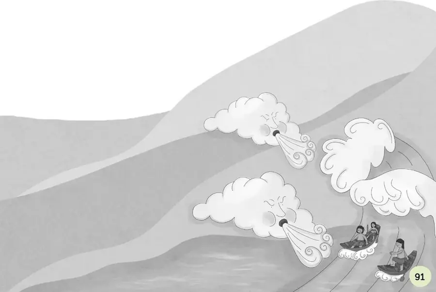 Nubes que soplan viento sobre el mar; dos personas navegan en una balsa entre las olas.