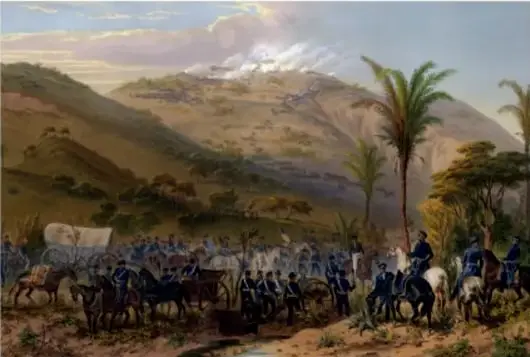 Pintura de la Batalla de Cerro Gordo del 18 de abril de 1847, de Carl Nebel; muestra tropas en un paisaje montañoso con palmeras.