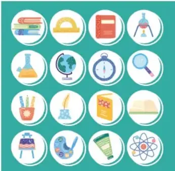 Ilustración con 16 íconos circulares sobre fondo turquesa: libros, semicírculo, regla, matraz, globo terráqueo, cronómetro, lupa, pinceles, burbuja de diálogo, etc., que evocan distintos campos de conocimiento y actividad humana.