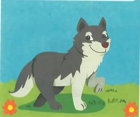 Ilustración de un lobito gris caminando en un campo.