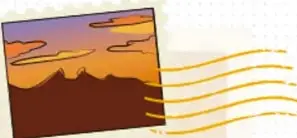 Estampilla con atardecer anaranjado sobre montañas y marcas de correo doradas.