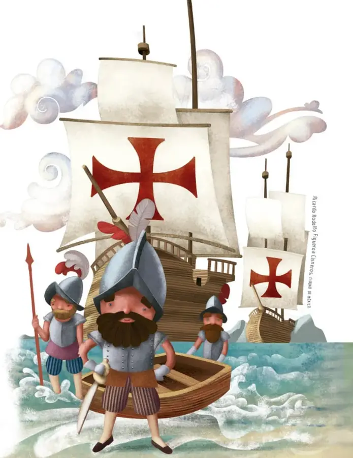 Ilustración de tres barcos con velas blancas y cruces rojas navegando; en primer plano, conquistadores con armaduras, cascos y espadas, uno de ellos en una balsa, y un grupo de indígenas observando desde la orilla.
