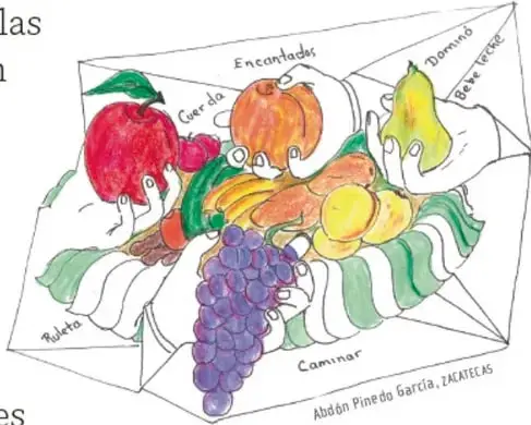 Ilustración de frutas con nombres de juegos tradicionales (Encantados, Dominó, Bebe trago, Cuerda, Ruleta, Caminar), obra de Abdón Pinedo García, Zacatecas.