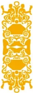 Tres ilustraciones decorativas de arte comunitario en amarillo/naranja con etiquetas: Tecnología, Educación física, Tutoría y educación socioemocional.