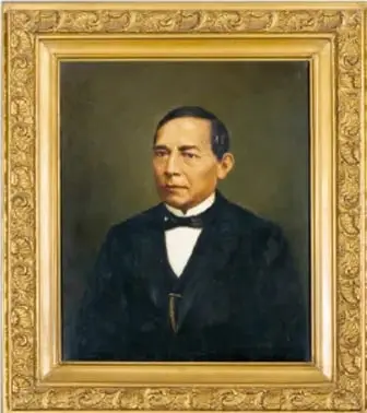 Retrato al óleo de Benito Juárez, presidente de México que resistió la intervención francesa, enmarcado en marco dorado.