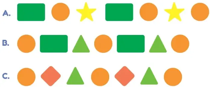 Alternativas A, B y C del ejercicio 1, cada una con siete figuras geométricas de colores (rectángulos y círculos verdes/naranjos, estrellas amarillas, rombos naranjos).