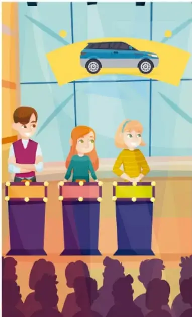 Concurso de televisión con tres concursantes en un estrado y público; sobre ellos, un auto azul como premio.