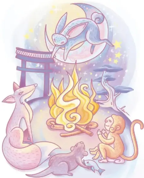 Ilustración estilo japonés: un conejo salta sobre la Luna junto a un torii, alrededor de una fogata donde el mono (con plátanos), la zorra y la nutria (con un pescado) observan al conejo que se arroja a las llamas.