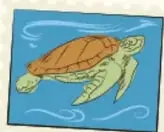 Estampilla ilustrada de una tortuga marina nadando entre espuma, en aguas azules, con borde dentado de estampilla.
