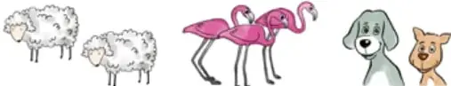 Ilustración de dos ovejas, dos flamencos, un perro y un gato.