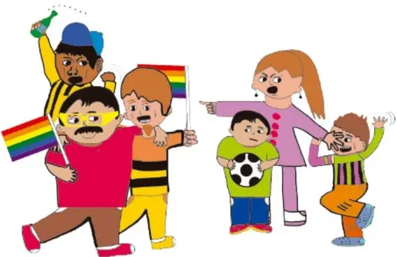 Ilustración de personas agrediendo a otras que portan banderas del colectivo LGBTIQA+; una mujer grita señalando a dos niños asustados; etiqueta 'Física, psicológica o sexual'; crédito de Ruttila Vega Rubio, Tlaxcala.