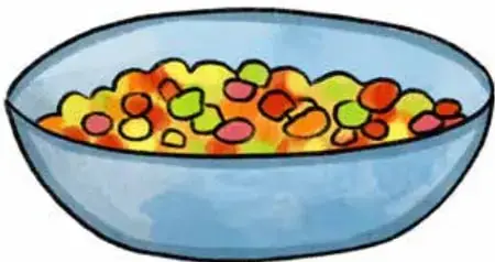 Ilustración de una fuente honda de vidrio con trozos de fruta de colores (rojo, amarillo, verde) formando una macedonia.