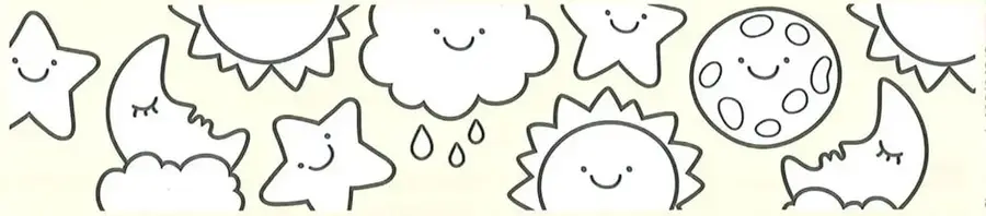 Ilustración con elementos del día y de la noche, como el Sol, nubes, gotas de lluvia, la Luna y estrellas, para colorear.