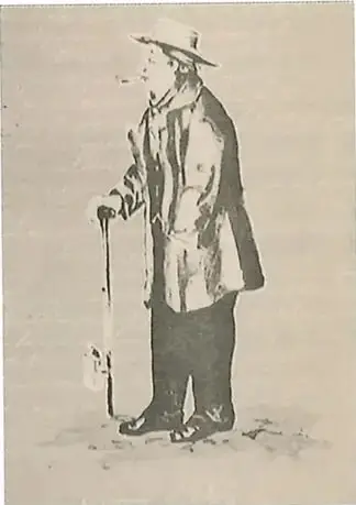 Ilustración histórica de un hombre mayor con sombrero, abrigo y bastón, atribuida a A. Guerrero.
