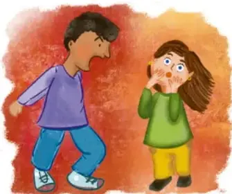 Escena de un niño gritando enojado y una niña asustada tapándose la boca.