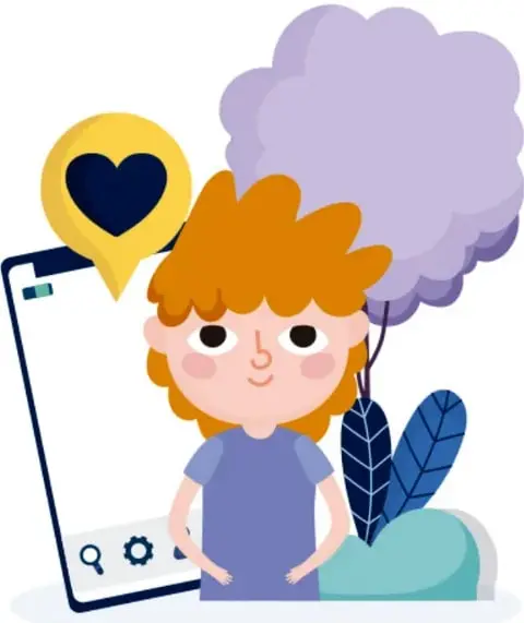 Ilustración de una estudiante de cabello naranja junto a un teléfono celular grande, un globo de texto morado y un pin de ubicación con un corazón, símbolos de comunicación y participación.