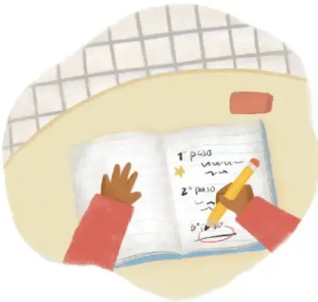 Ilustración de un cuaderno con pasos escritos y manos trabajando.