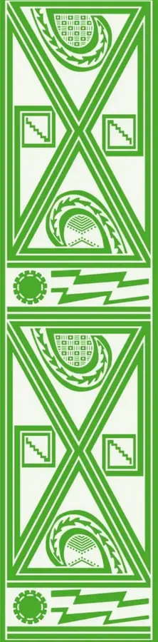 Decoración geométrica de estilo prehispánico en verde, con triángulos, escalinatas, símbolos de aves y relámpagos, enmarcando el tema de la ritualidad.