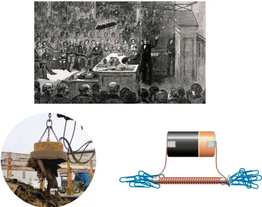 Grabado histórico en blanco y negro que muestra a un científico realizando una demostración de electromagnetismo ante un público.