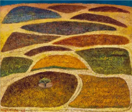 Pintura *Campos labrantíos* (1985) de Olga Costa: paisaje de parcelas de tierra en tonos ocres, verdes y marrones, con caminos claros y un pequeño árbol.