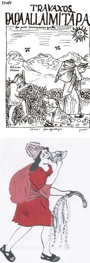 Grabado antiguo titulado 'Travaxos Papaallaimitapa' que muestra a personas trabajando en el campo con un sol y montañas.