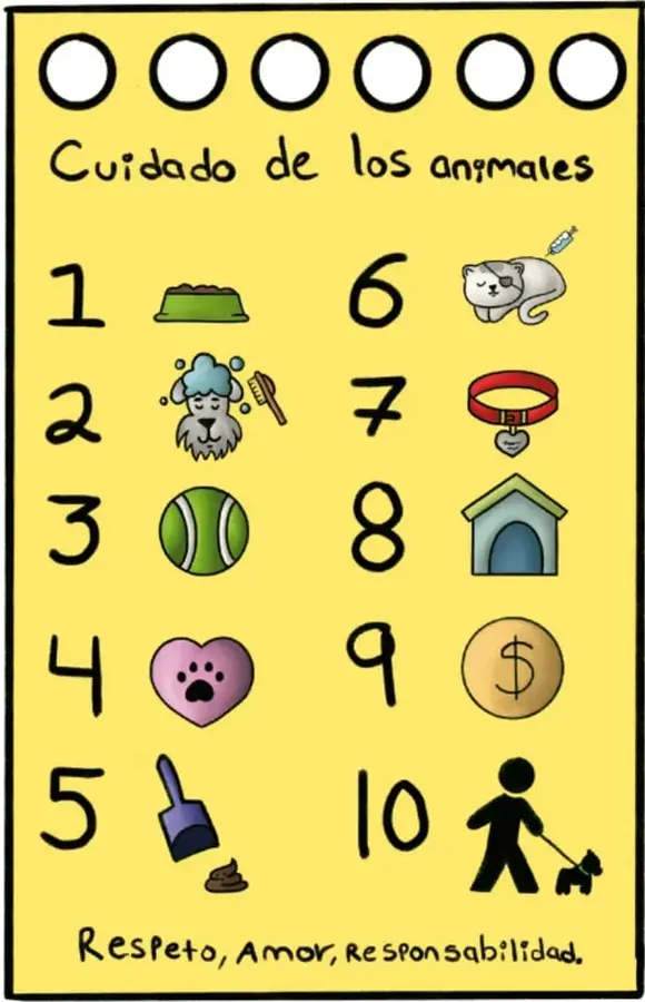 Infografía amarilla titulada 'Cuidado de los animales' con seis círculos vacíos en la parte superior, diez dibujos numerados (plato de comida, perro bañándose, pelota, corazón con huella, pala con desechos, gato con jeringa, collar con placa, casita, moneda de pesos, persona paseando un perro) y el lema 'Respeto, Amor, Responsabilidad'; de Guillermo de Marco Rojas Palos, Jalisco.