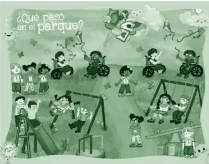 Ilustración en verde titulada '¿Qué pasó en el parque?': un parque infantil con niños jugando en resbaladillas, columpios y sube y bajas, niños en silla de ruedas incluidos en el juego, una pelea o discusión entre dos niños, y una persona adulta cerca; nubes con peces decorativos en el cielo.