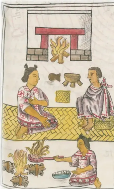 Página de códice ilustrado: arriba, dos personas sentadas conversan cerca de un brasero con llamas; abajo, una persona extiende masa en un comal sobre fuego mientras otra persona la acompaña.