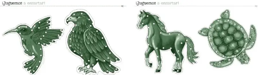 Cuatro plantillas del material con la leyenda '¡Juguemos a ensartar!': colibrí, águila, caballo y tortuga, ilustradas en tonos verdes y con puntos blancos circulares que marcan los lugares para perforar y ensartar.