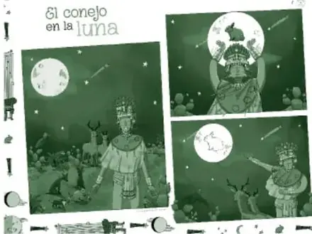 Miniatura de la portada del recurso 'El conejo en la luna': cuatro viñetas ilustradas con la Luna llena, personajes que la observan desde un paisaje con cactus y la figura del conejo visible en el disco lunar.