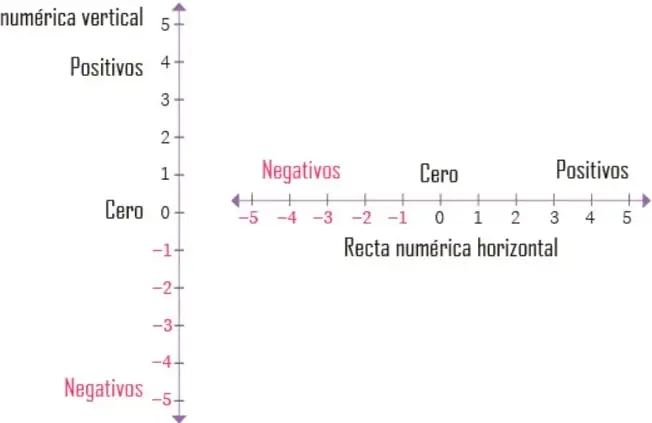 Recta numérica vertical (de 5 a −5) y recta numérica horizontal (de −5 a 5) con zonas de Negativos, Cero y Positivos.