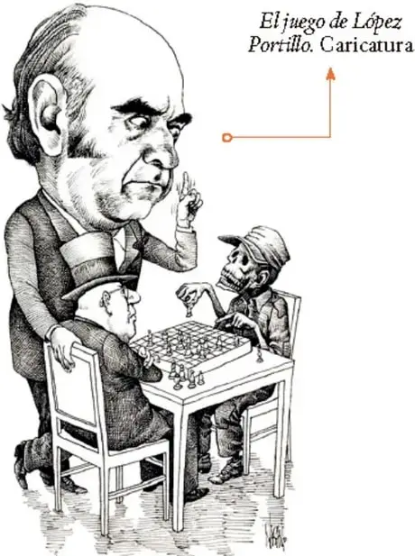 Caricatura titulada 'El juego de López Portillo' que muestra al presidente jugando ajedrez con representantes del sector empresarial.