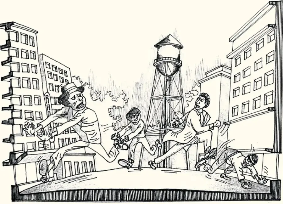 Ilustración en blanco y negro de una calle urbana con edificios y una torre de agua. Varias personas corren despavoridas: un hombre con sombrero y brazos abiertos, una mujer con delantal, un hombre con traje y otro agachado. Representa el pánico causado por la emisión radial. Crédito: Luis Antonio Moreno Aguayo. WaraRT.
