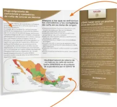 Fotografía de un folleto informativo desplegado en tres cuerpos que trata sobre 'Plagas interruptoras de la salud y barreras de trabajo en México' y sobre COVID-19, con mapa y textos en secciones, del cual salen flechas hacia los recuadros de Textos, Títulos e Imágenes.