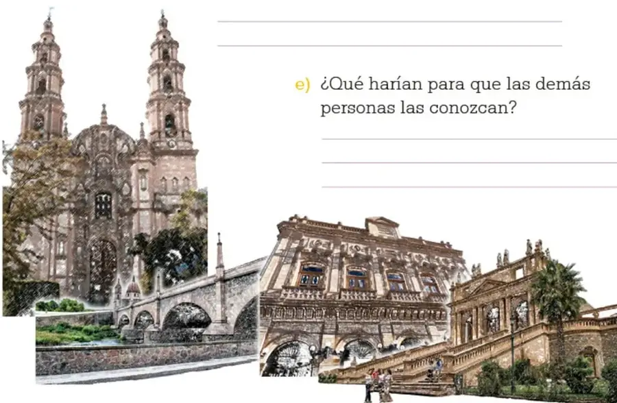 Ilustración de una catedral con dos torres altas, árboles y un puente de piedra sobre un río.